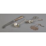 A small quantity of silver, to include G.Malle continental silver spoons, 'Bubbles, Bath' decanter