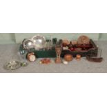 Two boxes of mainly treen and glassware. To include ship model, carved plate, palm gavel, cake stand