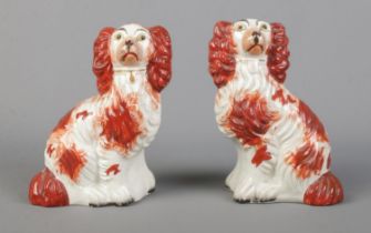 A pair of Victorian Staffordshire pottery Spaniels in red, size No. 2. Height 16cm. No cracks or