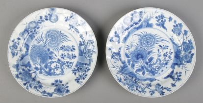 A pair of Chinese Kangxi blue and white dishes decorated in underglaze blue with flowers. Bearing
