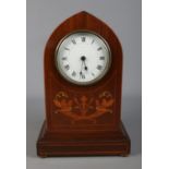 An Edwardian inlaid mantle clock possibly by J.H Potter, Sheffield. Roman numeral dial stamped