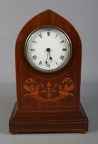 An Edwardian inlaid mantle clock possibly by J.H Potter, Sheffield. Roman numeral dial stamped