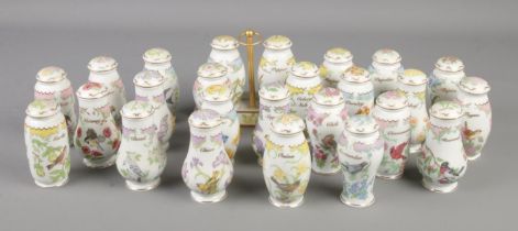 A large quantity of Lenox porcelain storage jars, Birds and Blossoms. Tufted Titmouse Mustard pot