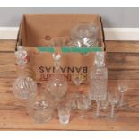 A box of glass. Includes Edwardian decanter & glasses, modern air twist stem examples, etc.