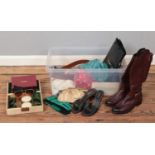 A box of mainly ladies and dress fashion items. To include gloves, boots, evening bags, shoe trees