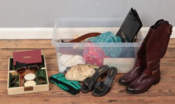 A box of mainly ladies and dress fashion items. To include gloves, boots, evening bags, shoe trees