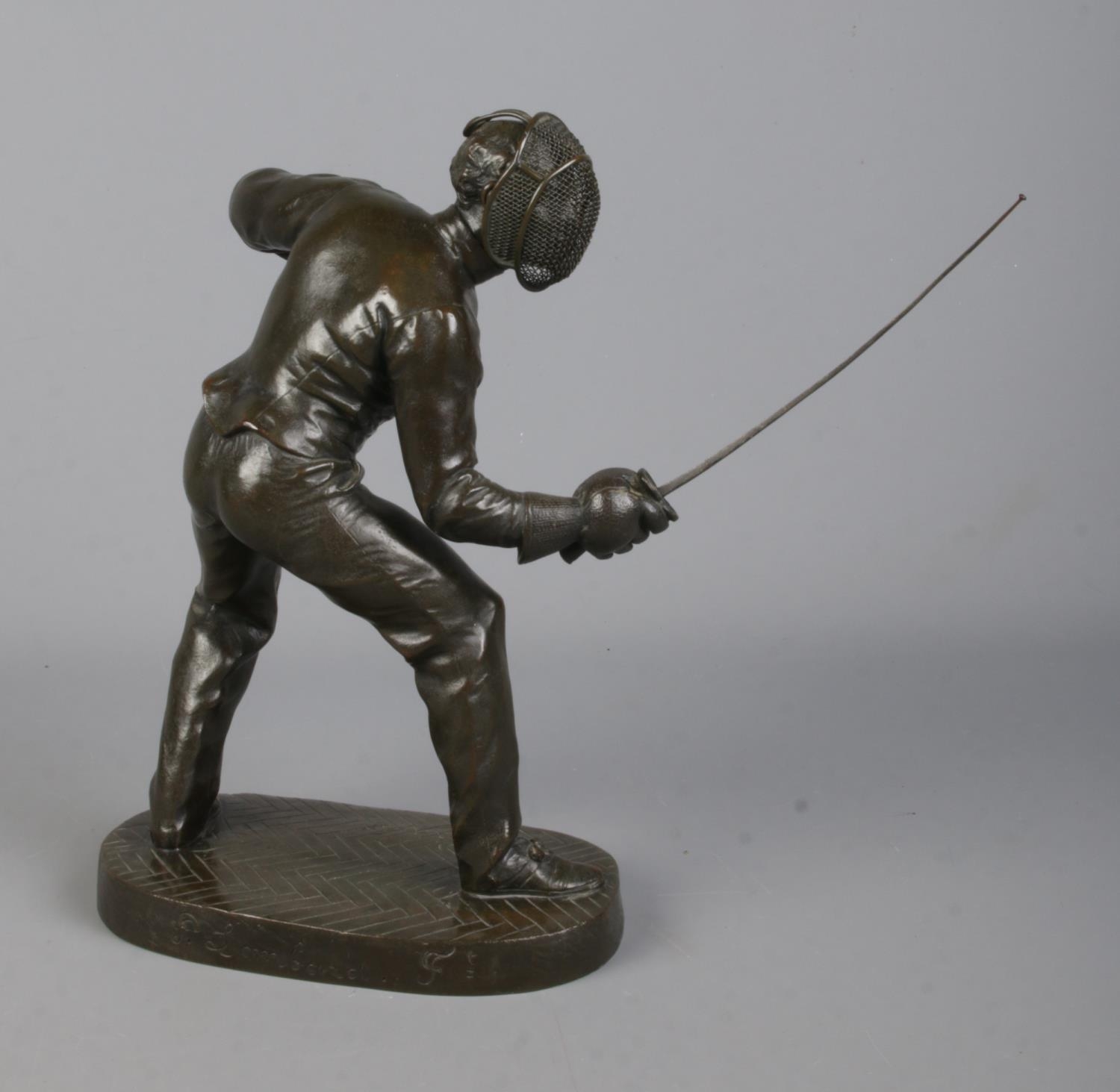 After Benedict B Rougelet, a pair of bronze fencers, signed F Lombard. Height 28cm. One missing - Image 3 of 7