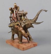 Franz Bergman (1838-1894), a cold painted bronze model on marble base, The Tiger Hunt. Marked with B