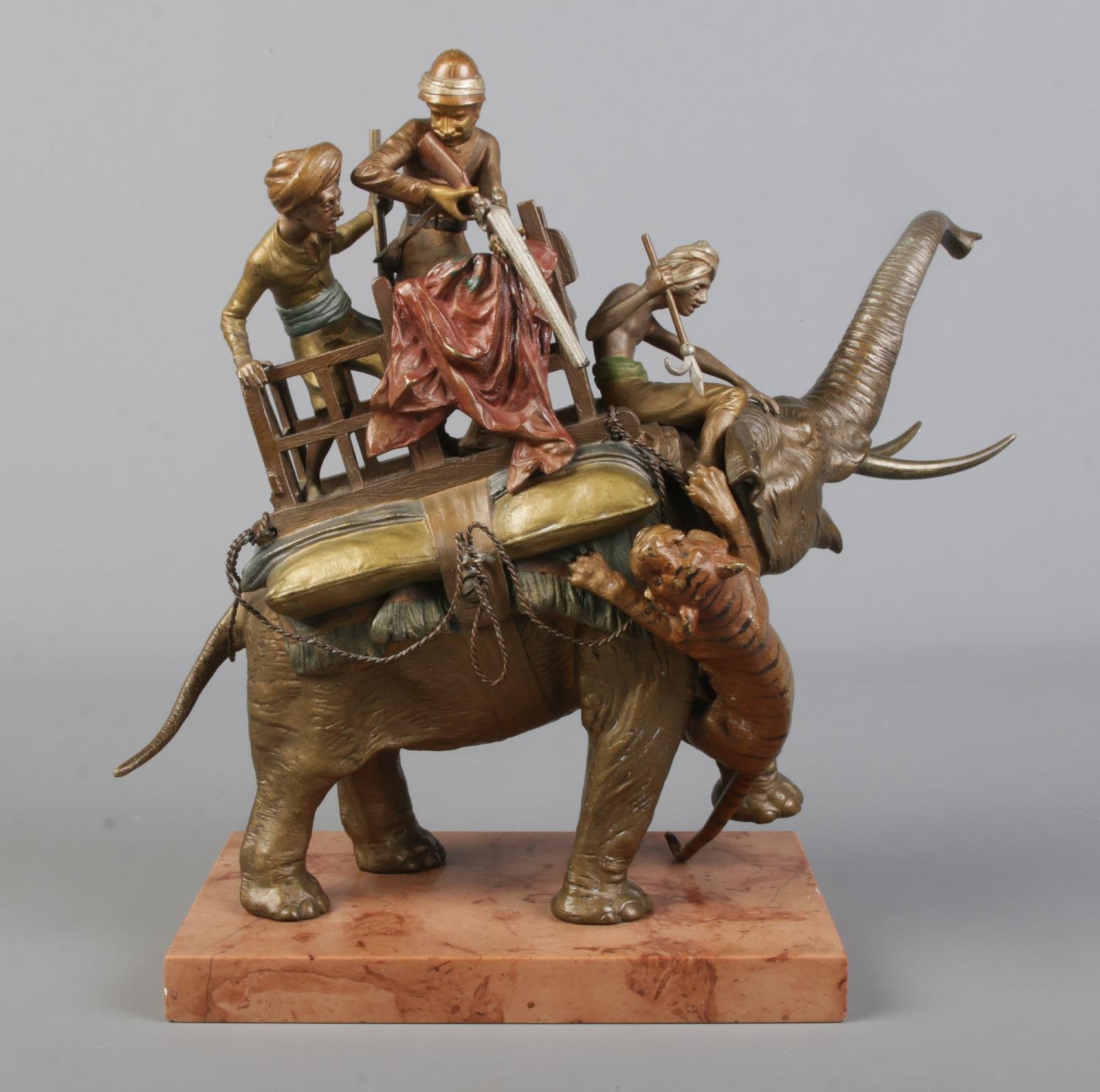 Franz Bergman (1838-1894), a cold painted bronze model on marble base, The Tiger Hunt. Marked with B - Image 2 of 9