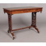 A Victorian rosewood writing table. Having leather inset top, single drawer and barley twist