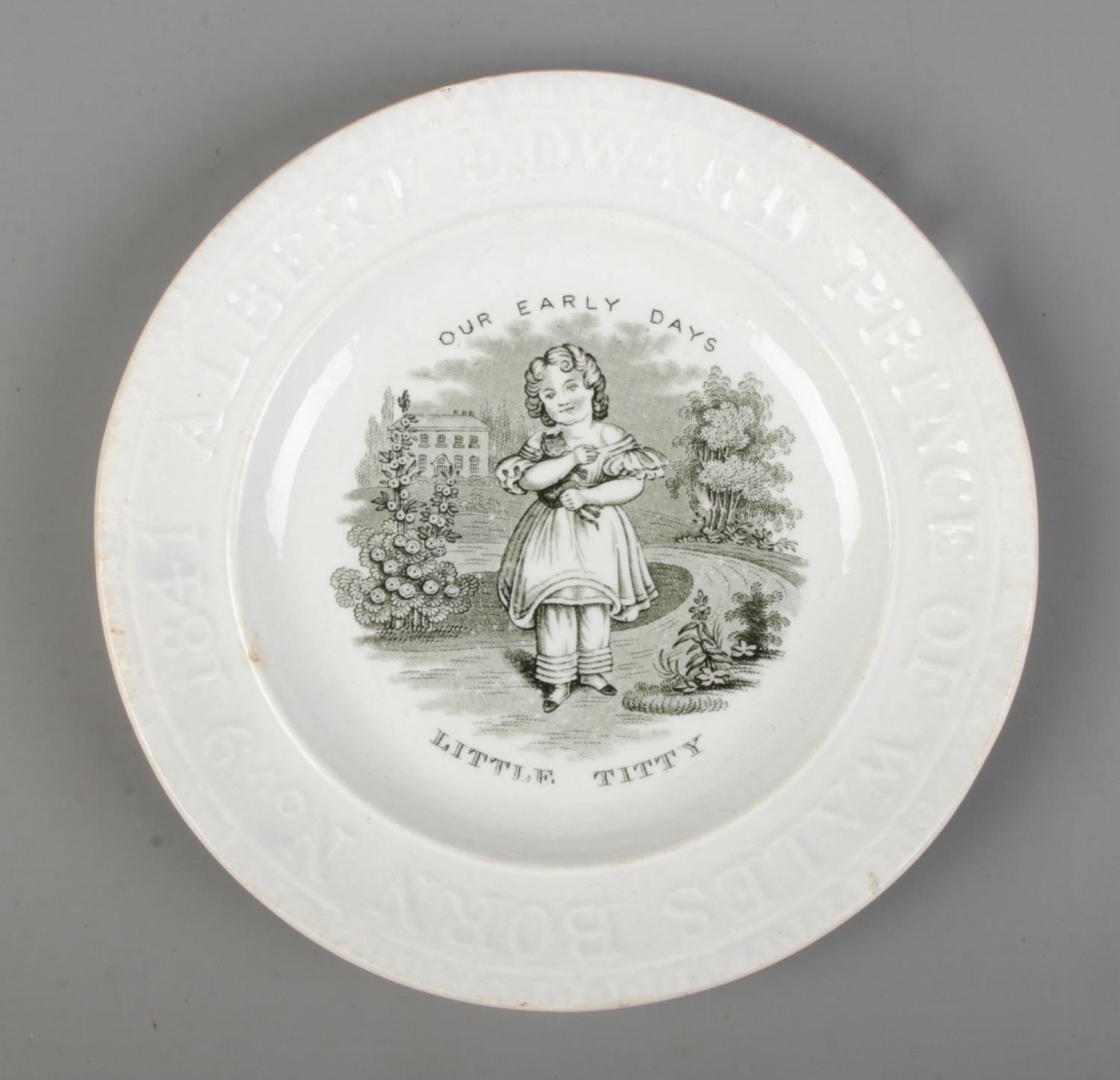 A 19th century pearlware nursery plate commemorating the birth of Prince Albert Edward of Wales, - Image 2 of 3