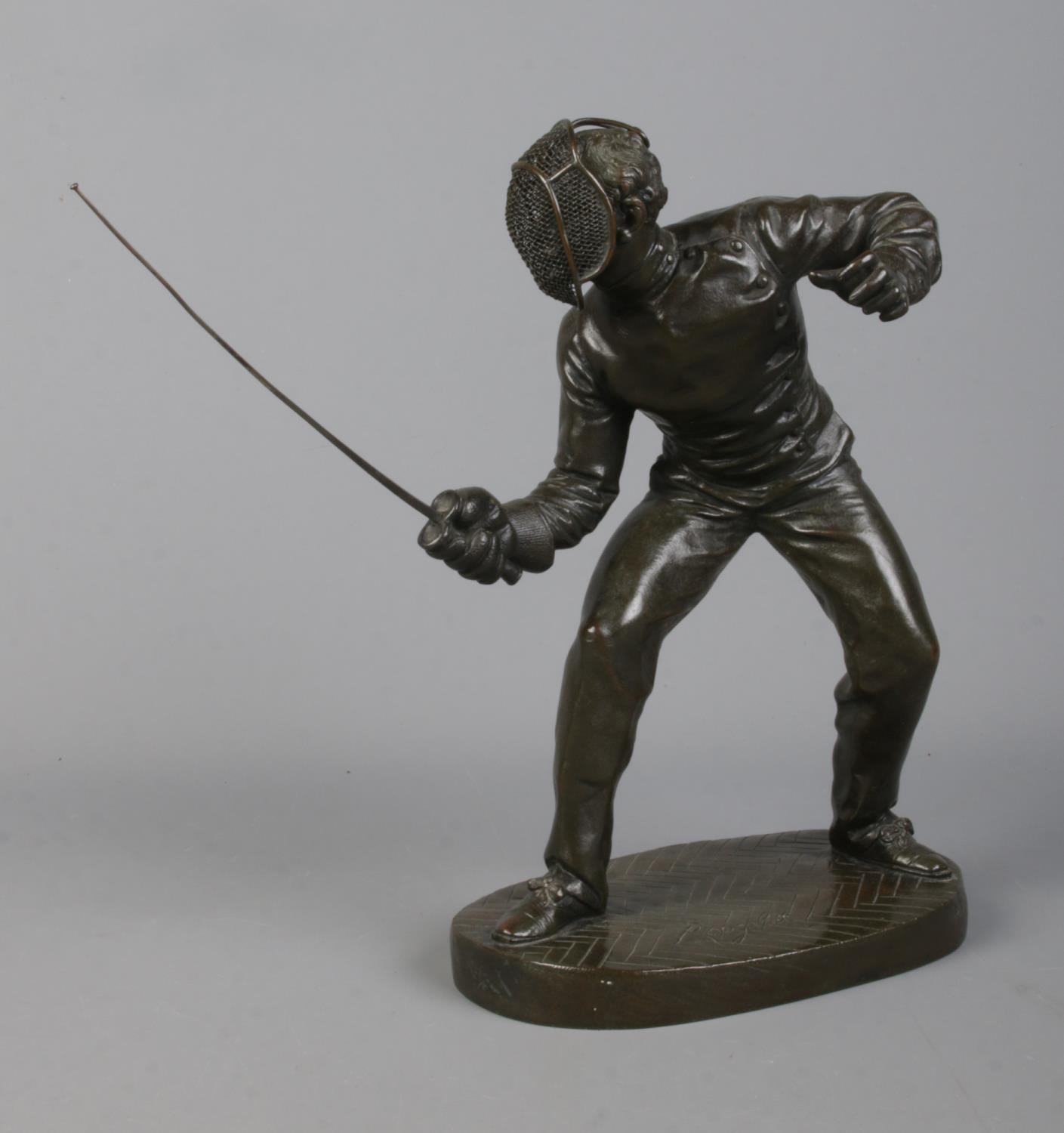 After Benedict B Rougelet, a pair of bronze fencers, signed F Lombard. Height 28cm. One missing - Image 2 of 7