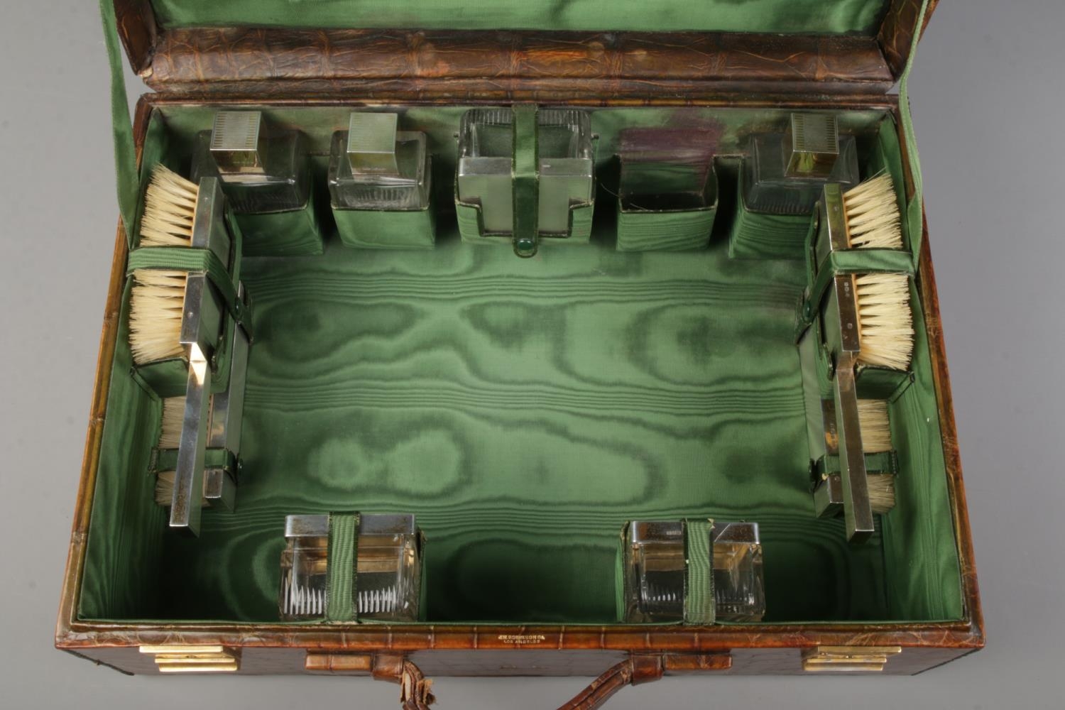 A crocodile skin dressing case by JW Robinson & Co, Los Angeles, with fitted interior and contents - Image 3 of 6