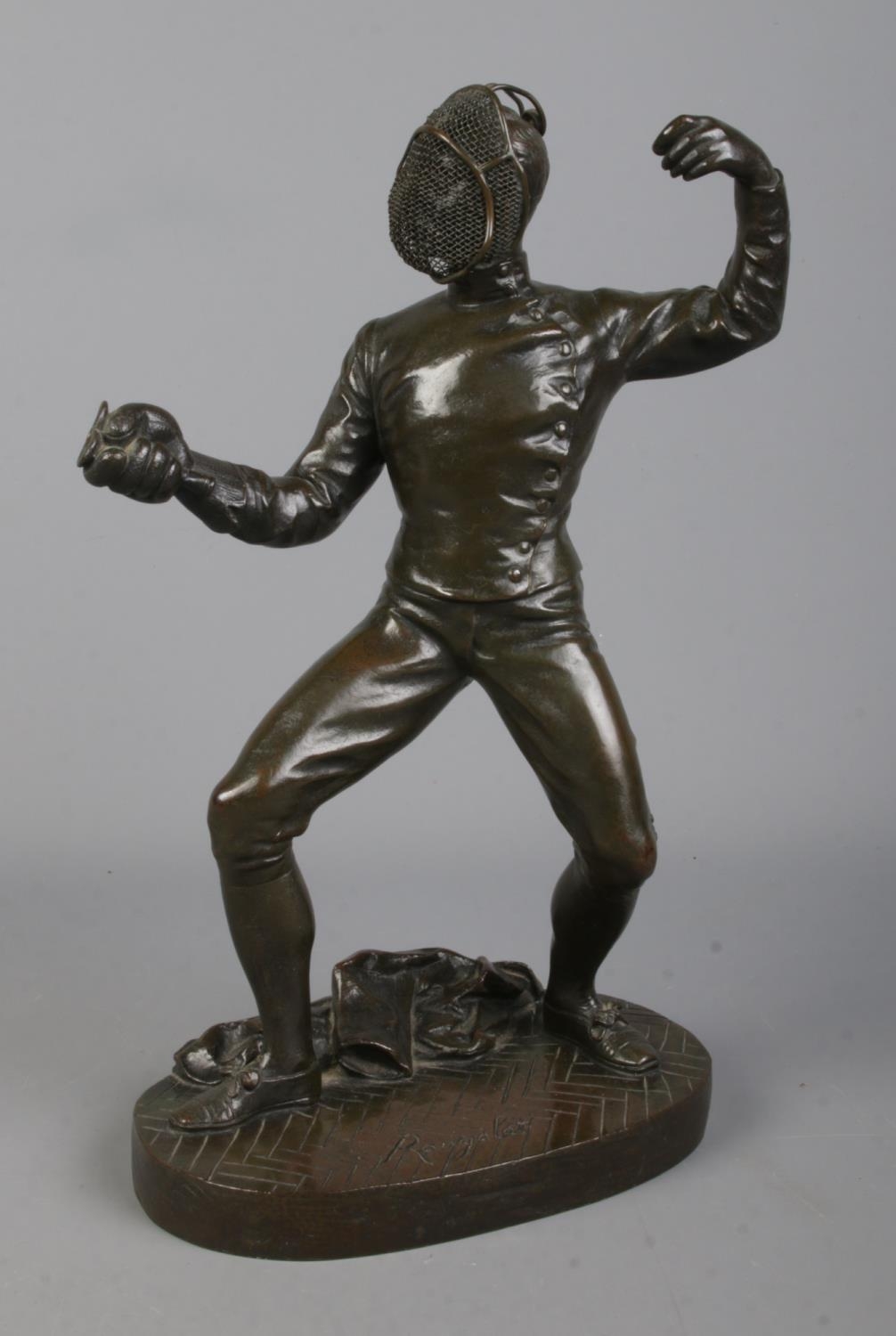After Benedict B Rougelet, a pair of bronze fencers, signed F Lombard. Height 28cm. One missing - Image 5 of 7