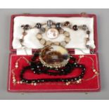 A collection of costume jewellery, to include cameo brooch and bracelet, banded agate beads, coral