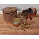 A quantity of metalwares to include large copper coal scuttle, brass jam pan, brass weights, brass