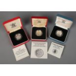 Three cased Royal Mint silver proof one pound coins. Includes 1993 United Kingdom Piedfort