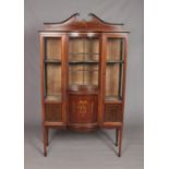 An Edwardian Sheraton Revival display cabinet with strung inlay and painted front panel. Height