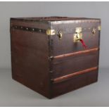 A large 19th century French wood and metal bound ladies hat box. 49.5cm x 49.5cm x 49.5cm.