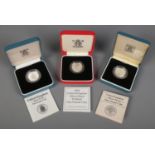 Three cased Royal Mint silver proof one pound coins. Includes 1994 Piedfort example, etc.
