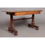 A William IV rosewood centre table raised on carved and turned base. Height 73cm, Dimensions of