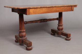 A William IV rosewood centre table raised on carved and turned base. Height 73cm, Dimensions of