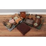 A quantity of treen decorative boxes including a knife box and wall clock, with a circular dial,