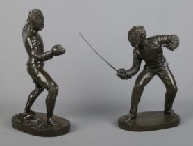 After Benedict B Rougelet, a pair of bronze fencers, signed F Lombard. Height 28cm. One missing
