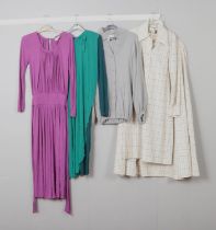 Four John Bates for Jean Varon dress to include two piece checkered set, button-down shirt, purple