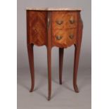 A French bedside chest of drawers with marquetry inlay and marble top. Height 76cm, Width 44cm,