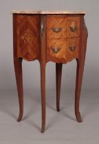 A French bedside chest of drawers with marquetry inlay and marble top. Height 76cm, Width 44cm,