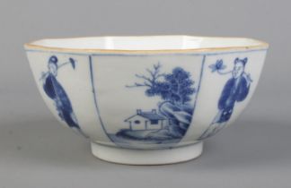 A 19th century Chinese octagonal bowl decorated in underglaze blue with figures, landscapes and