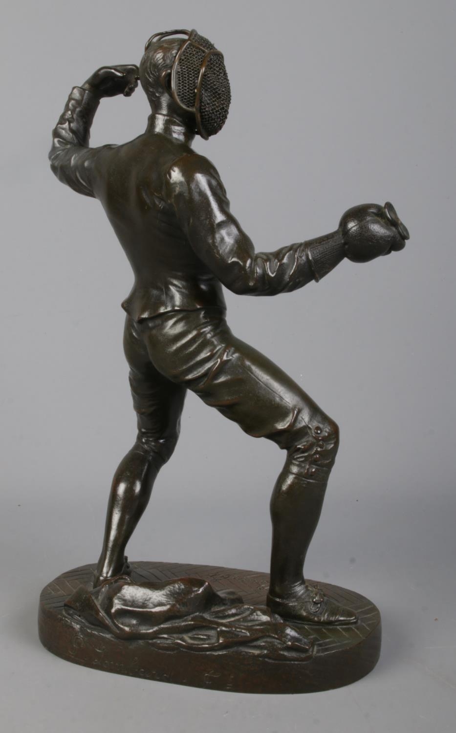 After Benedict B Rougelet, a pair of bronze fencers, signed F Lombard. Height 28cm. One missing - Image 6 of 7