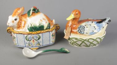 Two ceramic animal tureens to include Fitz and Floyd rabbit with ladle and Fairmont and Main duck.