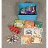 A box of assorted building bricks along with small collection of children's vinyl records to include