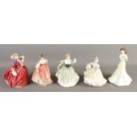 Five Royal Doulton figures. Includes Kathryn HN4040, Ninette HN4717, Autumn Breezes HN1934, etc.