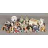 A collection of ceramics and glass animals. Includes Wedgwood Jaserware, Masons, Wade whimsies,