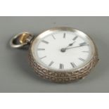 A small silver fob watch; the inside of the case stamped 925. With white enamel dial bearing Roman