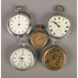 Four pocket watches and a fob watch. Includes Ingersoll, Services, Siro etc.