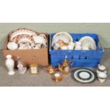 Two boxes of miscellaneous. Includes Legacy by Noritake teawares, Jean Pierre quartz carriage clock,