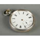 A silver JW Benson pocket watch, stamped 935. No hour or minute fingers. Lacking glass. Running.