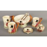 A collection of Crown Devon John Peel fox hunting ceramics to include salad bowl with utensils,