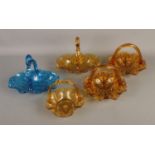A collection of Victorian coloured glass bon bon baskets mostly by Greener and Co flint glass works.