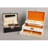 Two cantilever jewellery boxes, one with a collection of costume jewellery, including silver