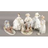 Three Lladro figures along with a Royal Doulton figure and Coalport example. Includes Springtime