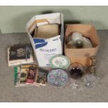 Two boxes of miscellaneous to include pair of Royal Doulton D4551 pattern plates, assorted linen,