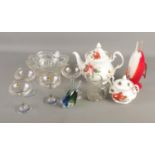 A collection of ceramics and glass. Includes Royal Albert Poinsettia teapot and sugar bowl, glass