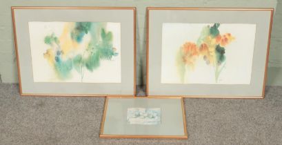 Barbara Nechis, two framed watercolours, abstract flowers along with a similar smaller example.