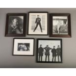 Five framed photos of The Beatles, Rolling Stones, Elvis & Marilyn Monroe.