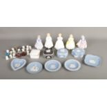 A collection of assorted ceramics to include Royal Doulton figures, Wedgwood Jasperware, ceramic